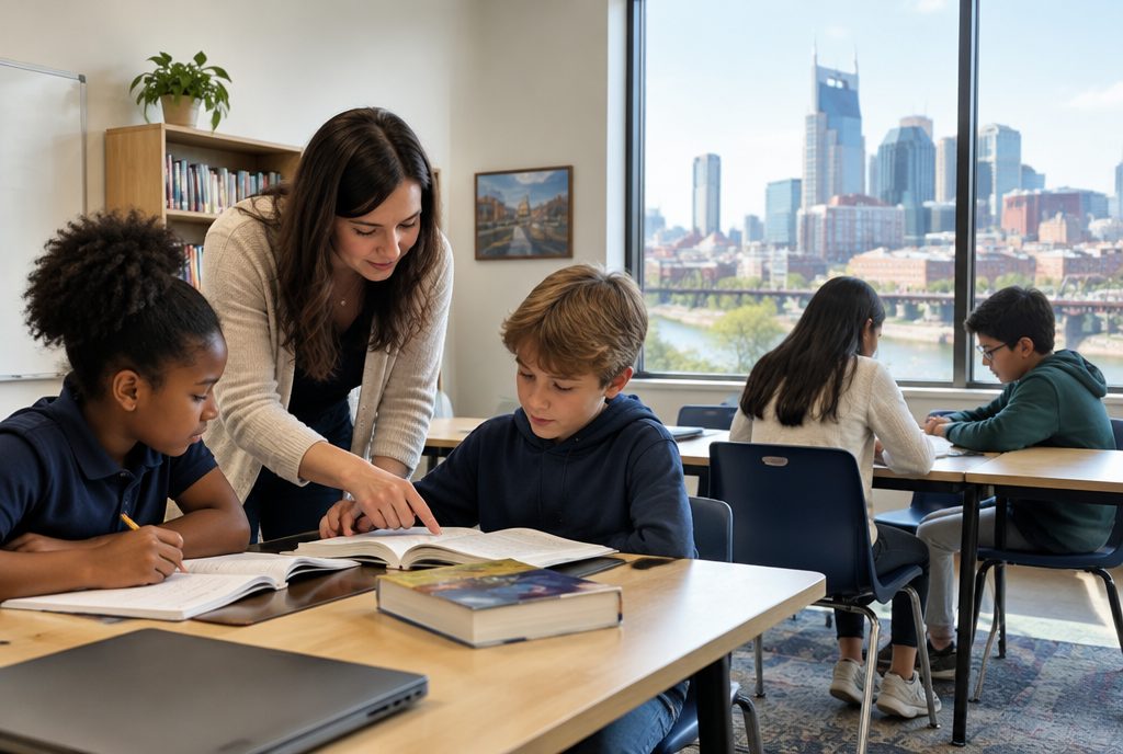 A small private school classroom in Middle Tennessee with a teacher helping students at their desks